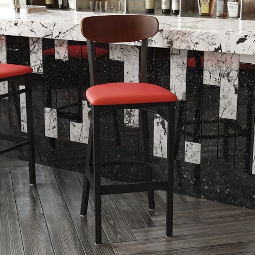 Image of Flash Furniture Wright Commercial Barstool - Walnut Finish Wood Boomerang Back - Red Vinyl Seat - 500 LB. Capacity Black Steel Frame - Integrated Footrest