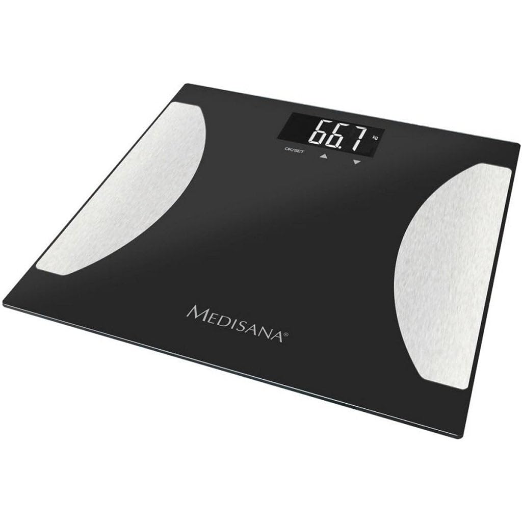 medisana BS 475 digitale Körperanalysewaage, Personenwaage, Körperfettwaage, Messung von Körperfett, Körperwasser, Muskelmasse & Knochengewicht, Bis 180 kg, Schwarz / Silber