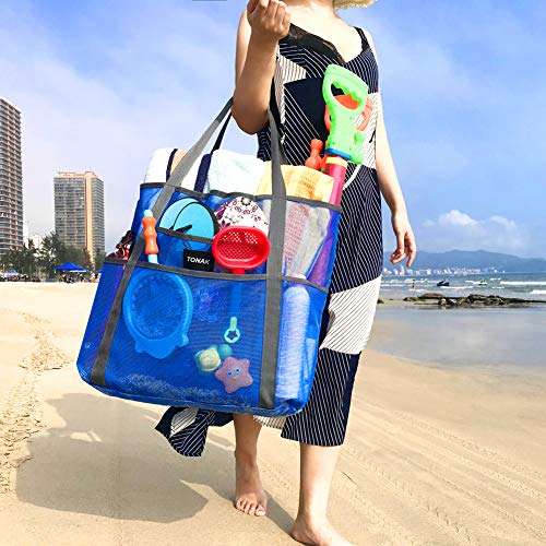 Mesh Beach Bag Tote Bag Grocery Storage Bag Oversized Big XL with Pockets Big Large Foldable Lightweight for Family Pool Blue Color