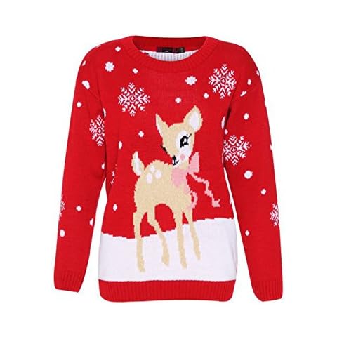 Girlzwalk Unisex Kids Baby Deer Christmas Jumper Girls Knitted Bambi Xmas Jumper (5-6 Years, Red) Cover