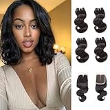 4 Bundles Brazilian Hair Bundles with Closure Body Wave 10