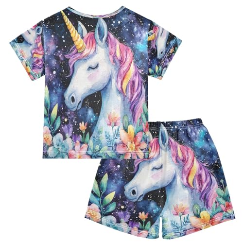 ALAZA Flower Unicorn Leaf Blossom Pajamas Set Short Sleeve Cotton Sleepwear Summer Pjs 2 Piece 5-14Y2
