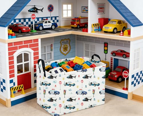 Image of Sanjiaofeng Rectangular Police Car Storage Basket,Boys Toy Storage Bin,Nursery Hamper,Kids Storage Basket with Handles for Car Decor,Home Organizer,Books Box,Gift Baskets(Police Cars)