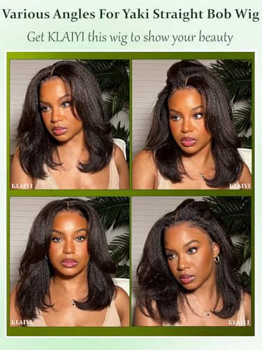 Image of KLAIYI Bye Bye Slip Layer Cut Yaki Straight Bye Bye Knots Bob Wig Human Hair Glueless Drawstring Precut 7x5 Lace Front Wigs Pre Plucked Bleached Ready to Wear and Go Beginners Wig 180% Density 12Inch
