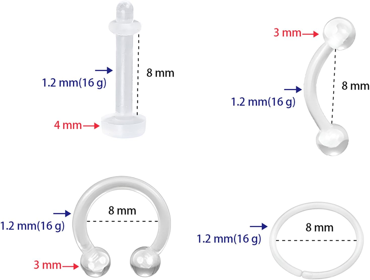 Clear 16 G Piercing Retainers Mix Set for Women Men Plastic Nose Studs Eyebrow Barbells Horseshoe Piercings Septum Rings Vertical Labret Lip Jewelry Tongue Retainer Invisible Earrings 22 Pcs