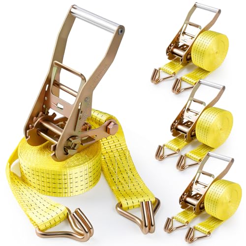 4Pack Ratchet Straps Heavy Duty-2 Inch x 20 Feet(7,500lb Break Strength), Tie-Down Ratcheting with J-Hook Cargo Straps Tiedown Ratchet for Moving and Transports with Trailers, Pickup, Flatbed Trucks