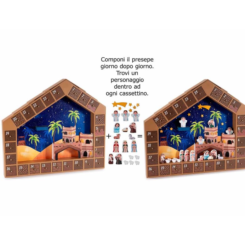 Gruppo Maruccia - Calendario Dell’Avvento Presepe - In Legno Decorato - Con Statuine Componibili e Cassettini - Decorazione Natalizia da Appoggiare