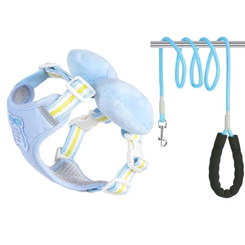 犬牽引ロープチョッキ式ペット胸ストラップ犬の散歩ロープのかわいいリボン付きリードセットおしゃれ簡単取り付け脱落しない子猫柴犬ベアテディ犬チェーン中小型 (L 10-16斤,ブルー(丸紐))