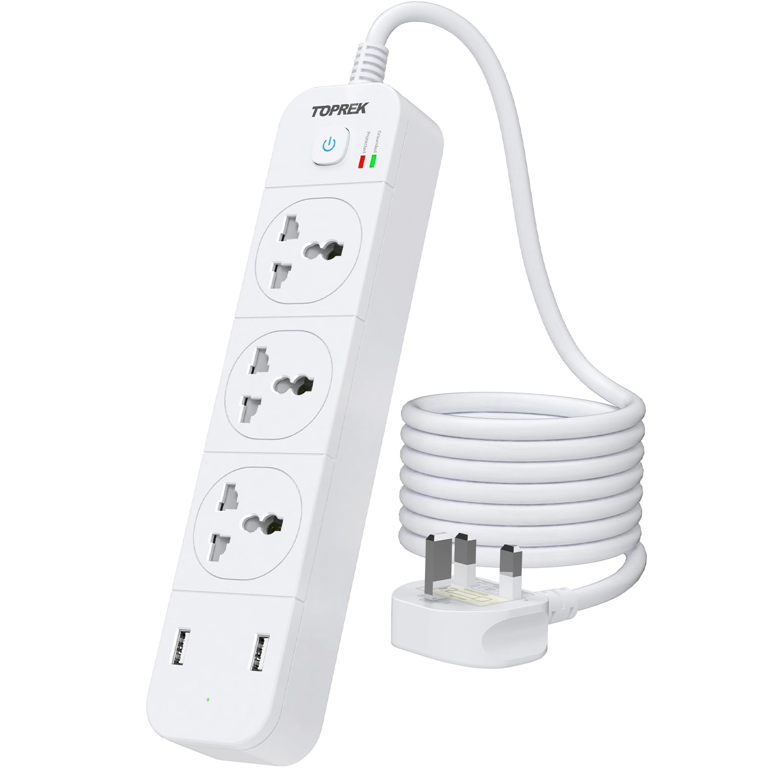 TOPREK Power Strip with USB Slots, 3 Way Extension Lead Outlets with 3 Smart Electrical Sockets & 2 USB Ports & Surge Protector, 2M Extension Cord & 1 Switch, 3250W/13A, Extension Cord for Home Office