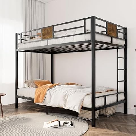 SHA CERLIN Bunk Bed Twin Over Twin Size with Ladder and Full-Length Guardrail, Metal, Storage Space, No Box Spring Needed, Noise Free, Black Cover