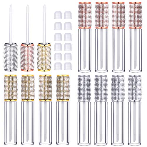 12 Pieces 5 ml/ 0.17 oz Crystal Rhinestone Lip Gloss Tube Refillable Lip Gloss Bottles Mini Lip Balm Bottles Transparent Lip Gloss Containers with Rubber Stoppers for DIY Lipstick, 3 Colors