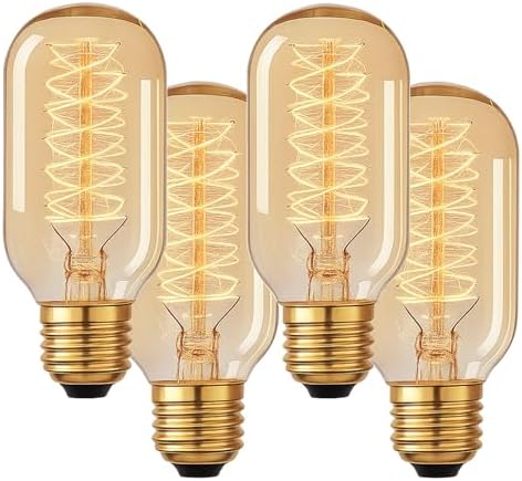 T45 Edison Bulbs, 40 Watt Dimmable, 2700K Warm White, E26/E27 Base Incandescent, 110-130V, Squirrel Cage Filament, Vintage Decor for Pendant Lights, Vanity Fixtures, and Decorative Lighting, 4-Pack