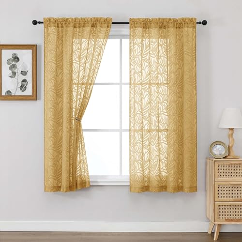 OVZME Gold Sheer Curtains 63 Inch Length 2 Panel Set Light Filtering Bedroom Curtains with Dual Rod Pocket Top Leaf Clip Jacquard Sheer Farmhouse Window Drapes for Living Room 2x42Wx63L Inches