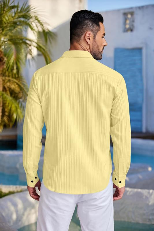 Image of FINIVO FASHION Men's Casual Cotton Plain Button Down Shirt Long Sleeve Textured Summer Beach Shirt for Men