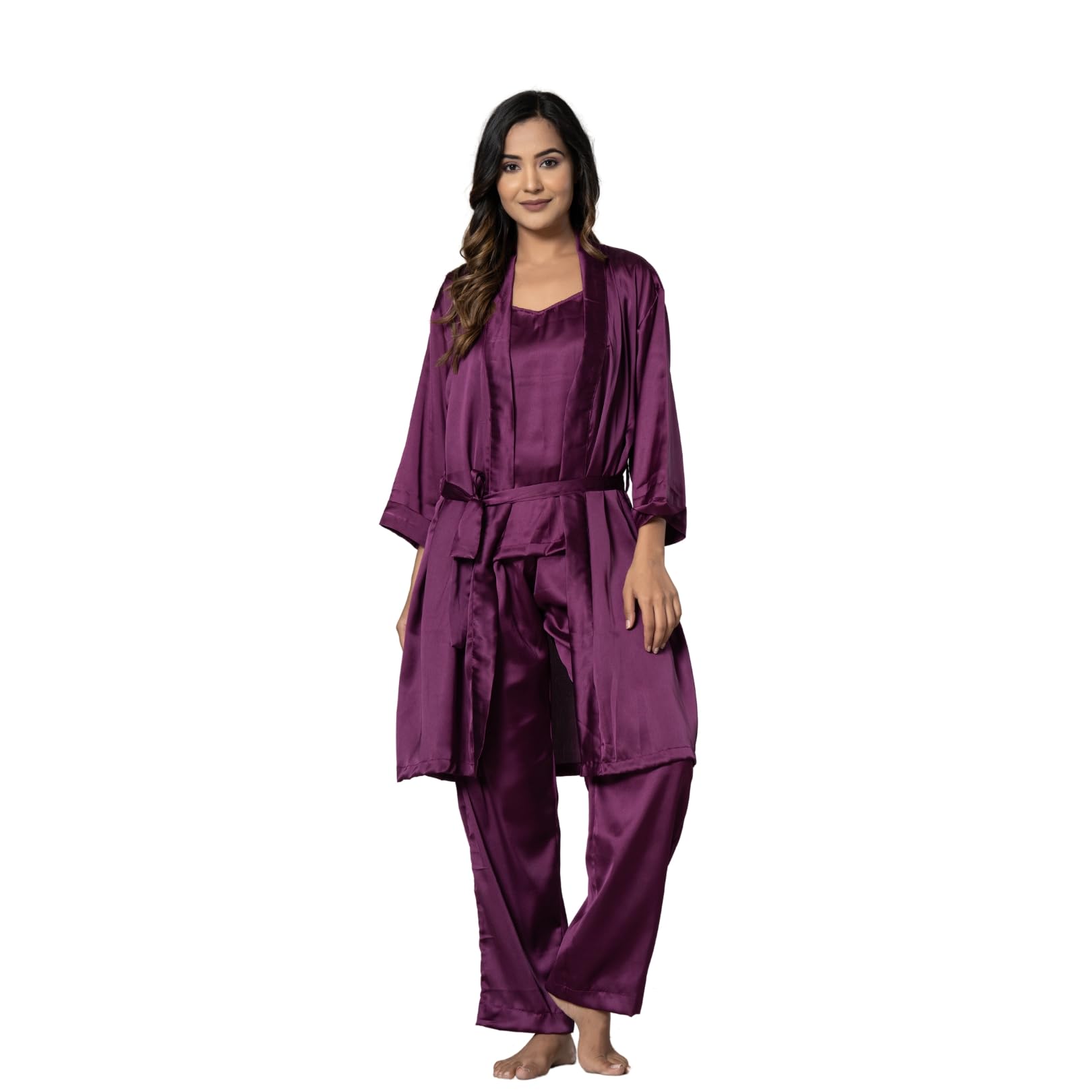 Women's Satin Robe and Pajama Set, 3/4 Sleeves with Adjustable Tie Waist, Smooth and Comfortable Sleepwear for Home, and Bedtime for Women, Medium Size, Stunning-image-46