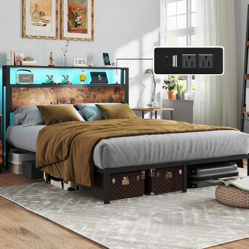 Image of Queen Size Bed Frame with Headboard, Metal Platform Bed Frame with LED Lights & Charging Station, Under Bed Storage, Solid and Stable, No Box Spring Needed, Noise Free, Easy Assembly, Vintage Brown