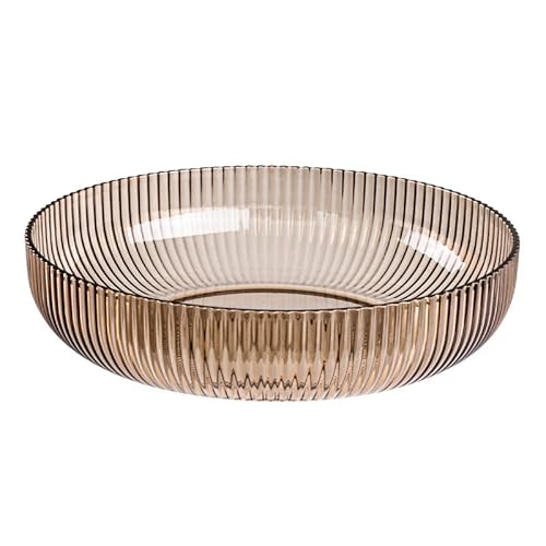 Decorative Glass Serving Bowl, Amber Brown, Ribbed Design, Round Shape, Modern Style