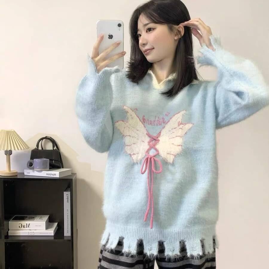 Girl Women's Knitted Sweater Butterfly Classic College Pullover Fashion Knit Lapel Jumper Tops4