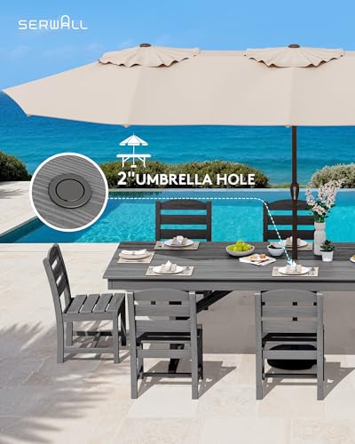 Image of SERWALL 9 Piece 84 inch HDPE Outdoor Dining Set for 8 with Armless Chairs and Umbrelle Hole, Gray