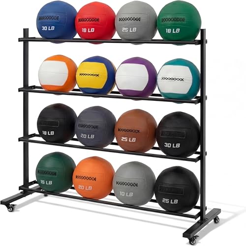 Otoolling 4-Tier Medicine Ball Rack Exercise Ball Storage Rack with Wheels Holds up to 20 Medicine Slam and Wall Balls Heavy Duty Gym Organizer