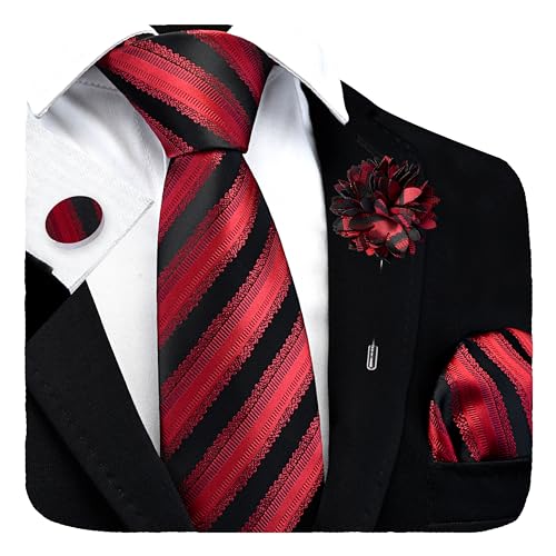 Image of GUSLESON 3.15 inch(8cm) Mens Stripe Tie and Lapel Pin Necktie Hankerchief Cufflinks Set for Men