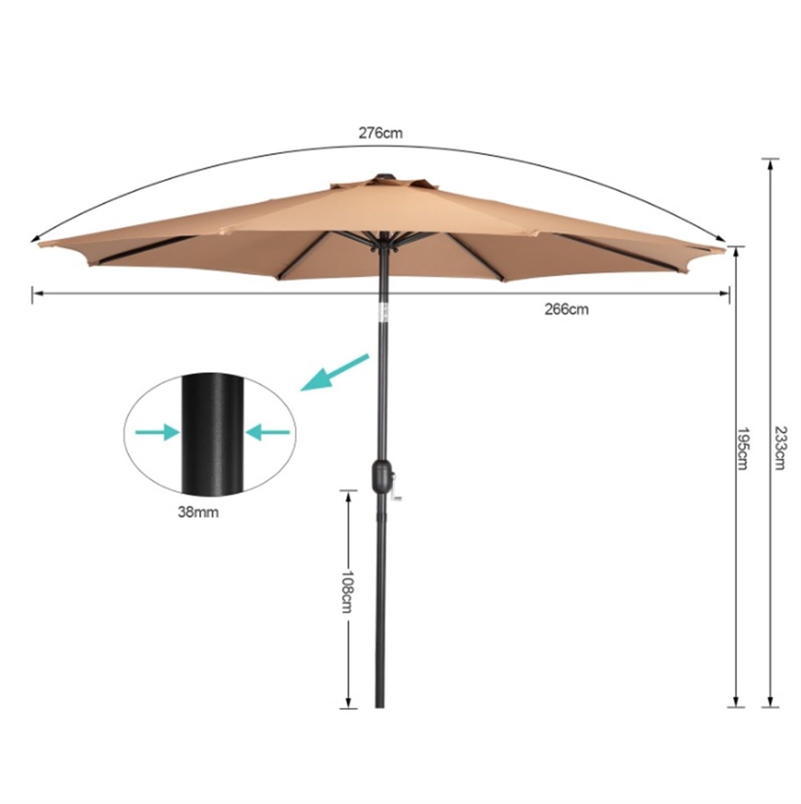 Parasol Tarasowy Zewnętrzny Parasol Na Patio Stół Zewnątrz Z Odchylaniem I Korbą 8 Stalowych Żeber Bez Podstawy Zewnątrz(B)