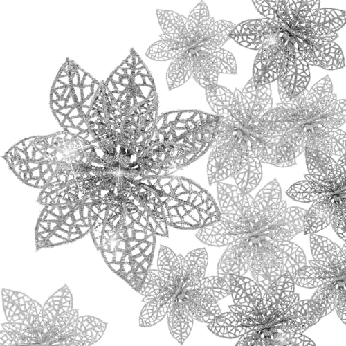 EnixwH 24 Pièces Fleur de Noel Artificielles, Decoration Noel Sapin, Decoration Sapin Paillettes, Fleurs Artificielles pour Couronne Maison Fête Mariage Décorer...