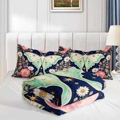 Image of AILONEN Queen Comforter Set 3 Piece, Mint Moth Pink Moon Floral 3D Printed Bedding with 2 Pillowcases, Soft Lightweight Microfiber Dreamy Decor for Master Suite