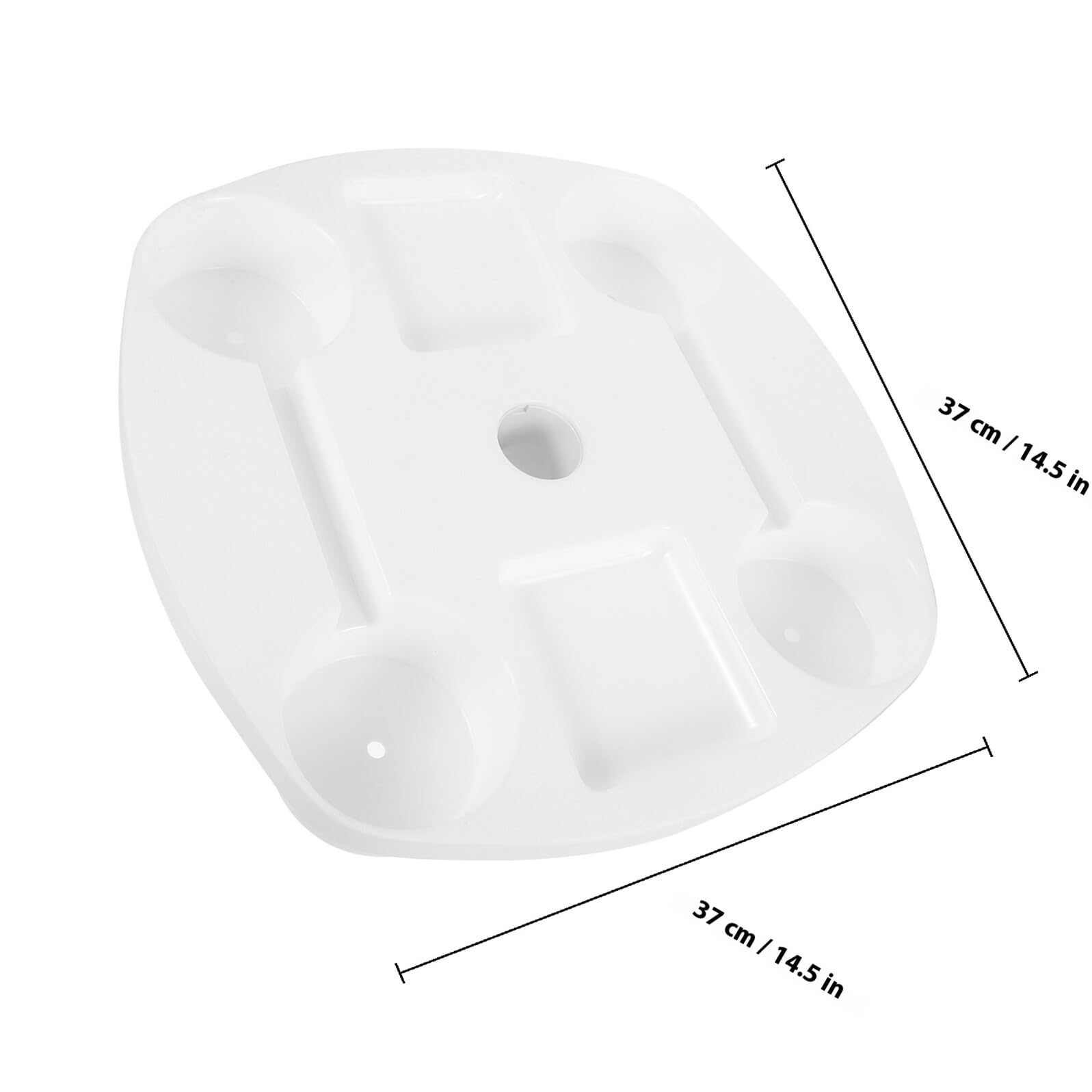 Bandeja de mesa blanca para sombrilla de 37 x 37 x 5,2 cm con portavasos y compartimento para aperitivos, base de plástico para uso al aire libre, perfecta para playa, piscina y camping