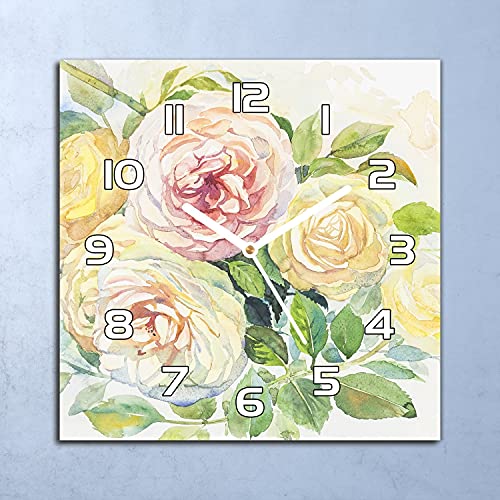 Horloge en verre fleurs de roses lisible aiguilles blanches