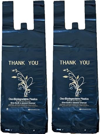1000 Bags/Box, Small 6.5" W x 4.5" D x 20" H Black, Oxo-Biodegradable Plastic Shopping Bags, Thank You Printed in Silver, 24 Micron, HDPE,