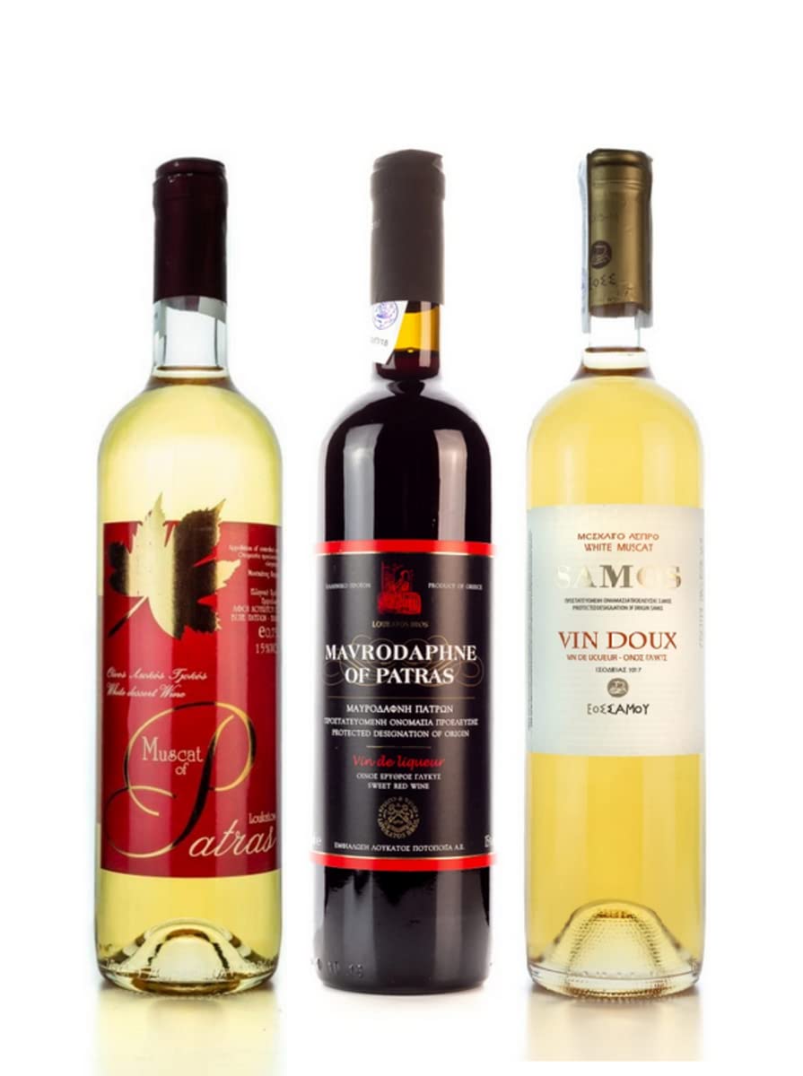 3x griechischer Likörwein Probier Set Mavrodaphne Samos Muscat Loukatos EOSS 15% je 750ml Flasche + 10ml Olivenöl von Kreta zum testen