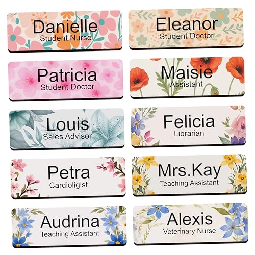 Personalised Name Badge Floral Job ID Tag with Pin or Magnet 2.5x7.5cm