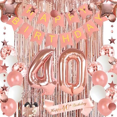 40th Birthday Decorations, Happy Birthday Banner, 40 Balloon Numbers Birthday Cake Topper Rose Gold Curtain 40th Birthday Sash Anniversary Decorations Birthday Backdrop Cover