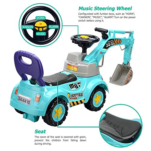 Blue Digger Scooter, Ride-on Excavator, Pulling cart, Pretend Play Construction Truck by POCO DIVO - Thumbnail 2