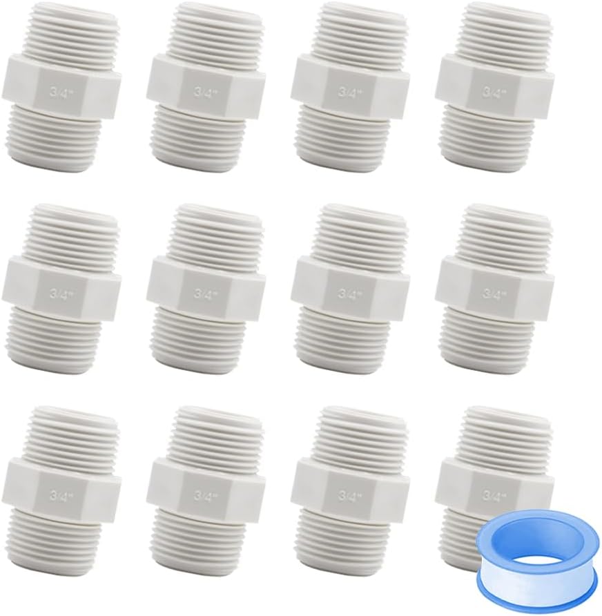 12PCS 3/4 Inch PVC Pipe Fitting Hex Nipple G3/4 Male X G3/4 Male Coupling Adaptor of Thread Plumbing PIPE Connection HE023-3/4