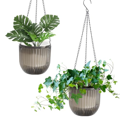 hifrom Blumentöpfe zum Aufhängen, Blumenampel Außen Körbe mit Kette, Kokos Große Liter Volumen (2er Set transparent grau 16.5 cm)