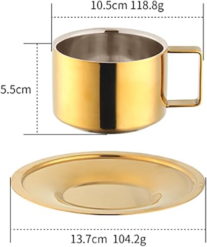 Miniatura 2 de Juego de 2 tazas y platillos de expreso, taza de café y platillo, taza de café dorada, tazas demitasse de acero inoxidable, exquisitos recipientes