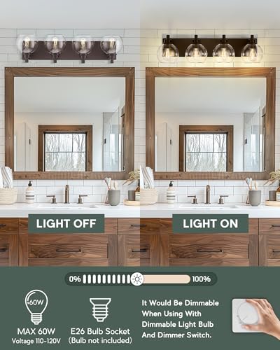 Image of 4-Light Bathroom Vanity Light, Oil Rubbed Bronze, Clear Globe Glass | 26 inch ORB vanity light for 32-42 inches mirrors, clear globe glass shades, E26 base, hardwired, up /down mount, VL195-ORB-4
