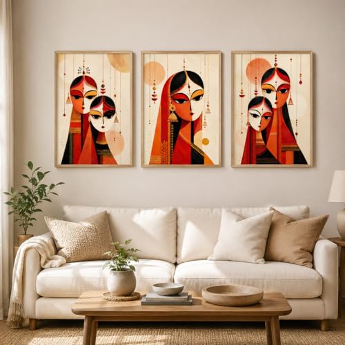 Image of Livin'luxe Set of 3 Traditional Indian Women Wall Paintings for Living Room Bedroom Home Decor with Premium Wooden Color Synthetic Frame (25.5 x 19.5 Inch) NM03-64
