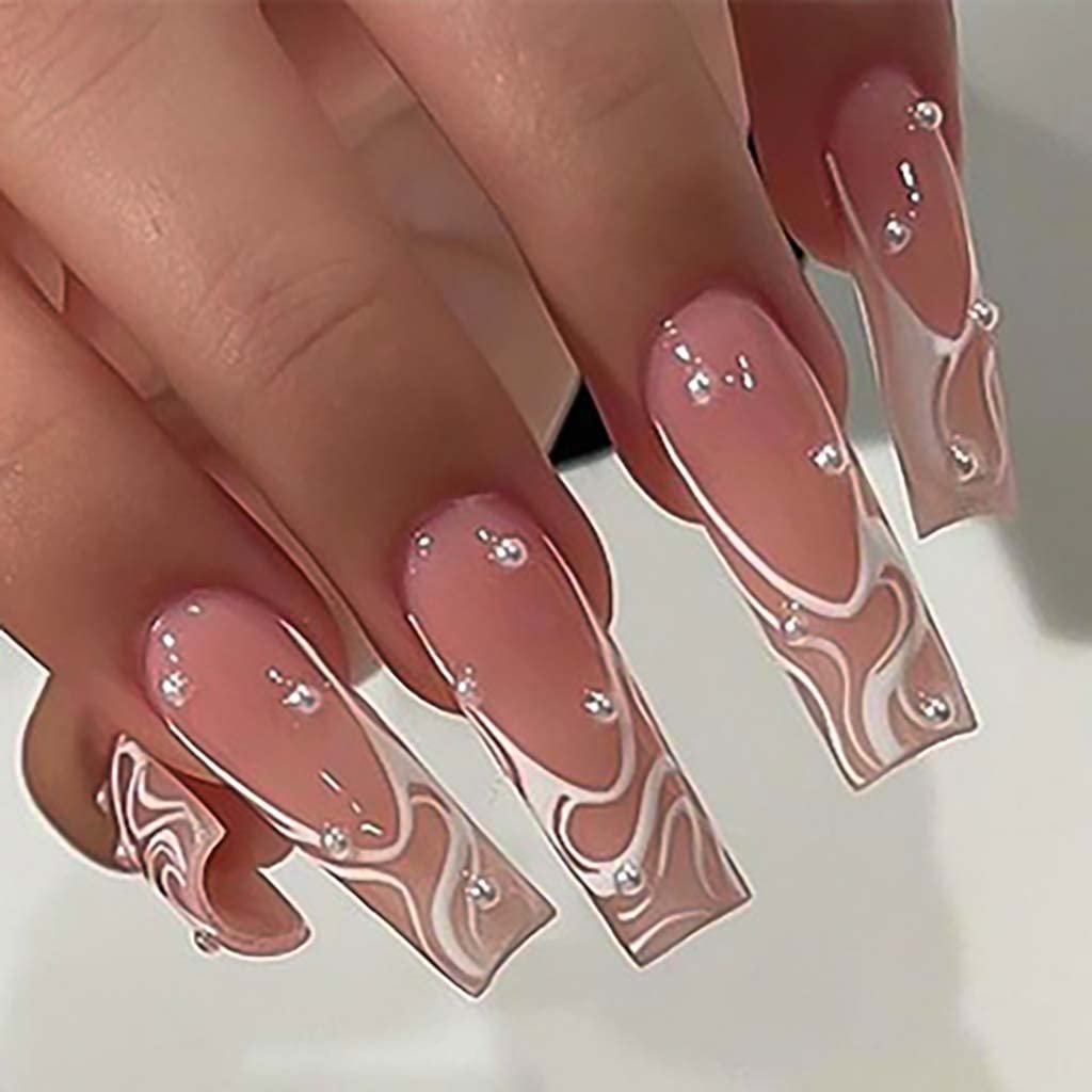 RikView Long Fake Nails - Glossy Pink French Tips