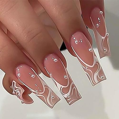 Miniatura 6 de RikView Uñas acrílicas cortas a presión, color blanco, uñas francesas con puntas blancas, uñas cuadradas brillantes, cobertura completa, 24 unidades