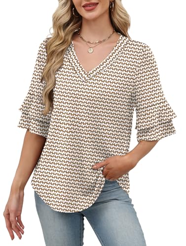 Image of OFEEFAN Spring Tops for Women Boho Shirts Fashion Clothing Cute 3 /4 Length Sleeve Blouses Dressy Casual Summer Outfits
