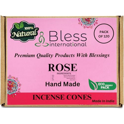 Bless International Rose 100%-Natural-Incense-Cones Handmade-Hand-Dipped Organic-Chemicals-Free for-Purification-Relaxation-Positivity-Yoga-Meditation The-Best-scents (120 Count)