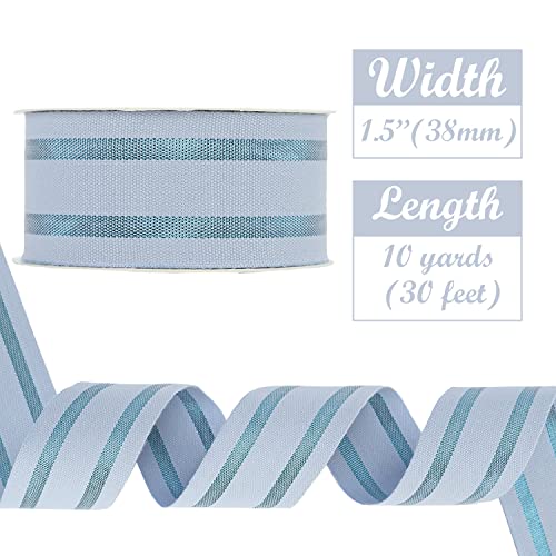 Huihuang Striped Cotton Ribbon Blue Stripes Fabric Ribbon 1.5 Inch X 10 Yards, Baby Blue Cotton Ribbon With Metallic Blue Stripe For Crafts Baby Gift Wrapping Diy Crafts Wreath Bows Sewing #TOP1