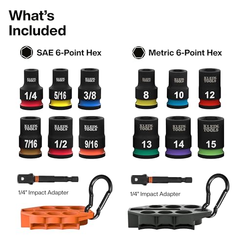 Image of Klein Tools 80206 Grab-And-Go Impact Socket Sets, SAE and Metric, 14-Piece Set with Sleeves, Carabiners, 3 /8-Inch Drive, Color-Coded, 1 /4-Inch to 9 /16-Inch, 8 mm to 15 mm Sockets