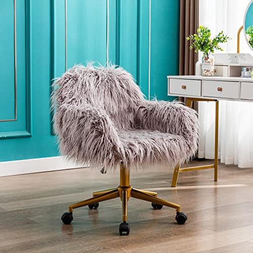 HomVent Faux Fur Home Office Chair,Faux Fur Vanity Chair for Women Girl,Modern Faux Fur Accent Chair Furry Makeup Desk Chairs with Rolling Wheels Armrest for Living Room Bedroom Office Vanity Grey