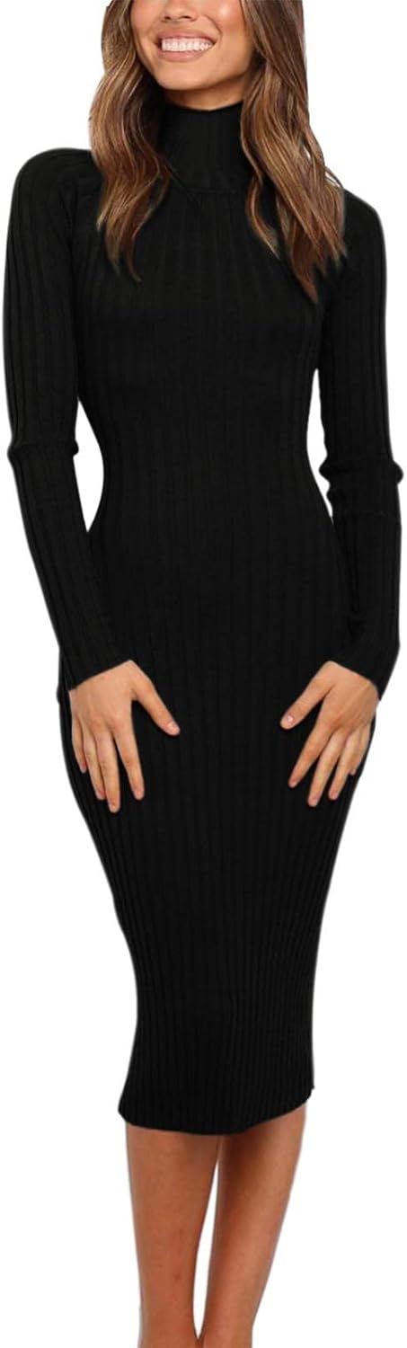 MEROKEETY Women's Long Sleeve Sweater Dress 2025 High Neck Slim Fit Ribbed Knit Midi Winter Dresses