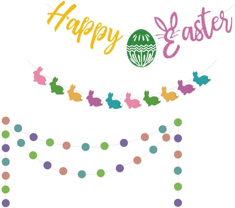 ハッピーイースターバナーraitガーランド 3セットラウンドバナーグリッターイースターストリングバナー旗焼きパーティーバニーハングフラッグガーランド 69 以上節約