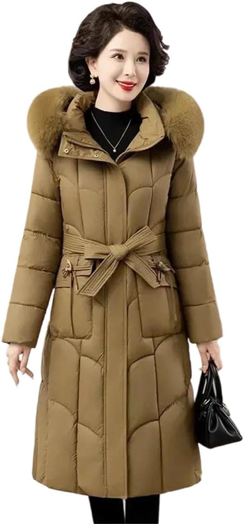 Women Winter Middle-Aged Mother Down Cotton Jacket Parkas Collar Hooded Thick Warm Long Puffer Padded Coat